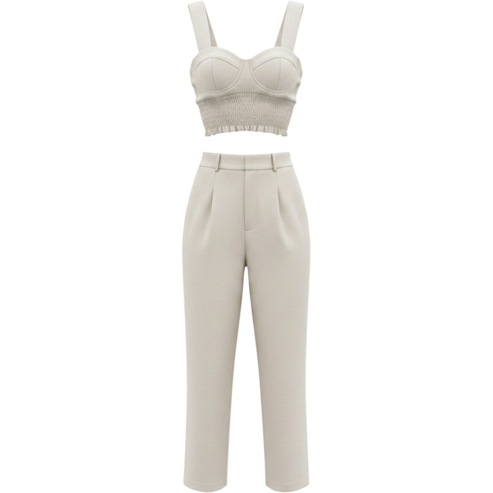 Chic Me Cream Beige Two Piece Set Bustier Crop Top Wide Leg‎ Pants Womens Small